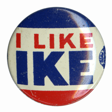 Round button with three horizontal stripes of red, white, and blue. Blue and red text reads "I like Ike". 