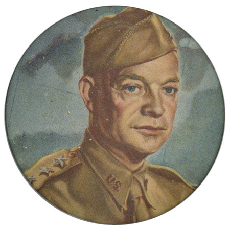 Round button with a color portrait of Dwight D. Eisenhower in a military uniform.