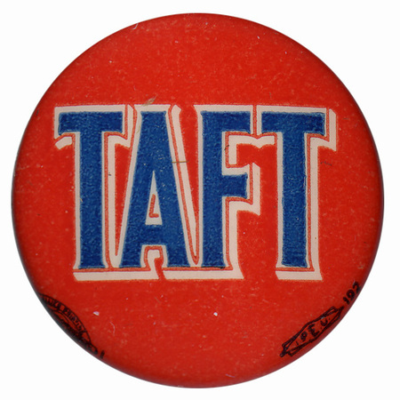 Round, red button with bold blue text that reads "Taft". 