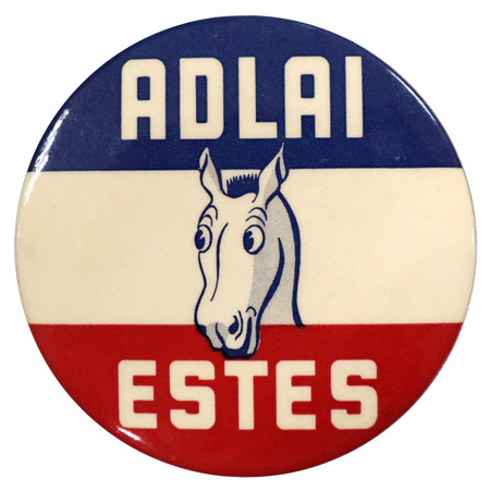 Round button with three horizontal stripes of red, white, and blue. A graphic of a donkey is at the center. White text reads "Adlai Estes" across the top and bottom stripes. 