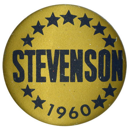 Round, gold button with a dark decorative star border. Dark text reads "Stevenson 1960".