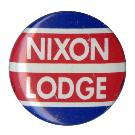 Round button with U.S. flag striped design of blue, white, and red. White text reads "Nixon Lodge" across red stripes. 