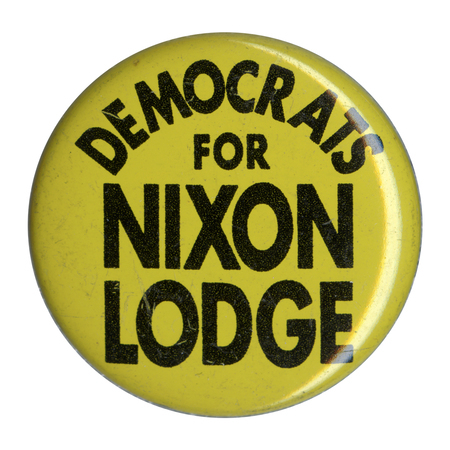 Round, yellow button with dark text reading "Democrats for Nixon Lodge". 