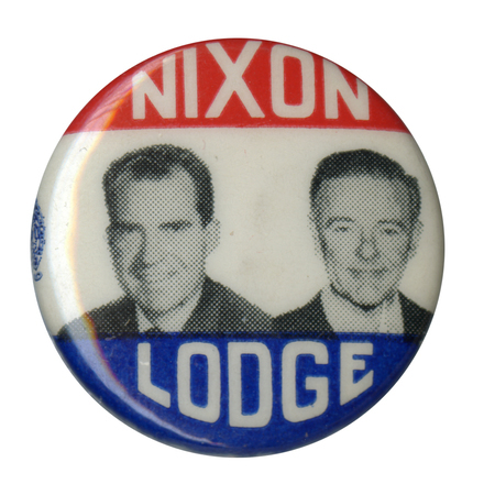 Round button with three horizontal stripes of red, white, and blue, and two grayscale portraits of Richard Nixon and Henry Cabot Lodge, Jr. White text reads "Nixon Lodge" above and below the portraits. 