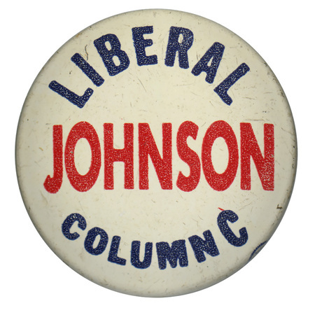 Round, white button with red and black text reading "Liberal Johnson Column C". 