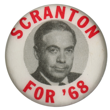 Round, white button with a grayscale portrait of William Scranton at the center. Red text reading "Scranton for '68" encircles the portrait. 