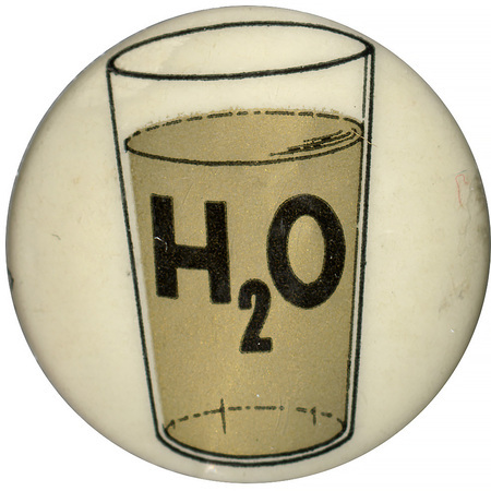 Round, white button with a drawing of a cup filled with gold-colored water. Black text reading "H two O" in the cup. The button is a reference to Barry Goldwater.