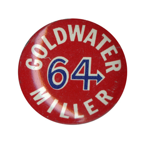 Round, red button with white and blue text reading "Goldwater Miller 64". 