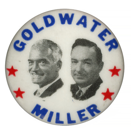 Round, white button with two grayscale portraits of Barry Goldwater and William Miller. Blue text reads "Goldwater Miller" and encircles the portraits. Four decorative red stars are on either side of the portraits. 