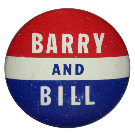 Round button with horizontal stripes of red, white, and blue. White and blue text reads "Barry and Bill" across all three of the stripes. 