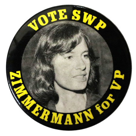Round, black button with a black and white photograph of Matilde Zimmermann and yellow text reading "VOTE SWP ZIMMERMANN for VP"