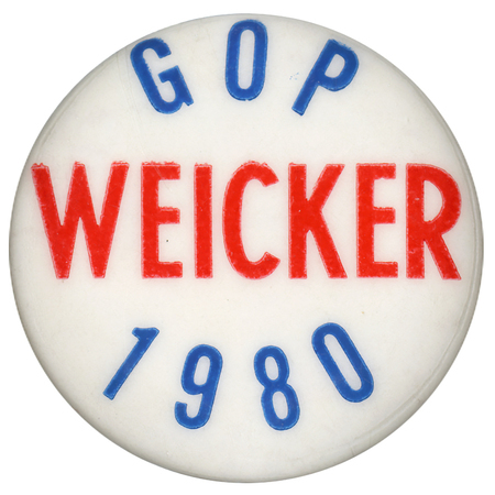 Round, white button with blue and red text reading "GOP WEICKER 1980"