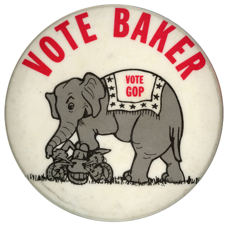 Round, white button with a black and gray drawing of an elephant stepping on a donkey's head. Red text reads "VOTE BAKER VOTE GOP"