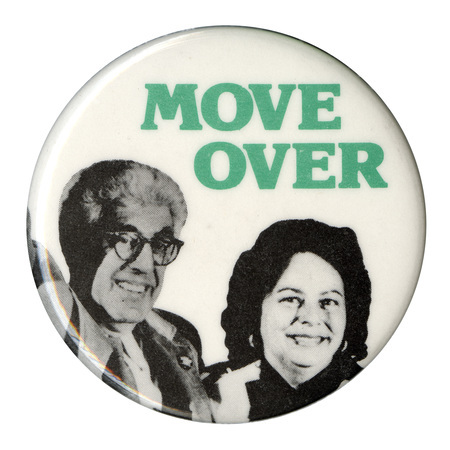 Round, white button with black and white photographs of Barry Commoner and LaDonna Harris. Green text reads "MOVE OVER"