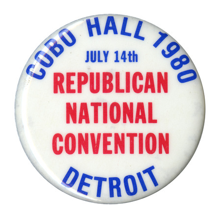 Round, white button with blue and red text reading "COBO HALL 1980 JULY 14th REPUBLICAN NATIONAL CONVENTION DETROIT"