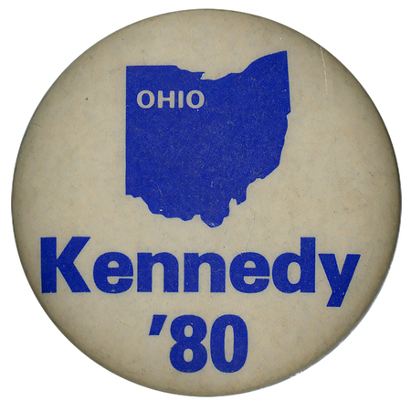 Round, beige button with a blue drawing of the state of Ohio. White and blue text reads "OHIO Kennedy '80"