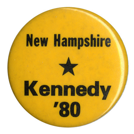 Round, yellow button with black text reading "New Hampshire Kennedy '80"