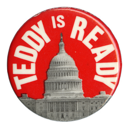 Round, red button with a black and white photograph of the US Capitol building. White text reads "TEDDY IS READY"
