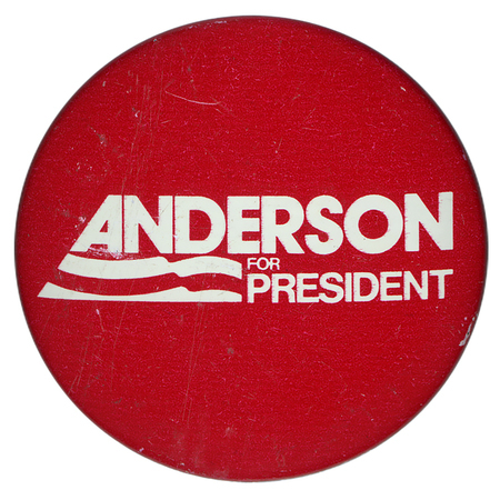 Round, red button with white text reading "ANDERSON FOR PRESIDENT"