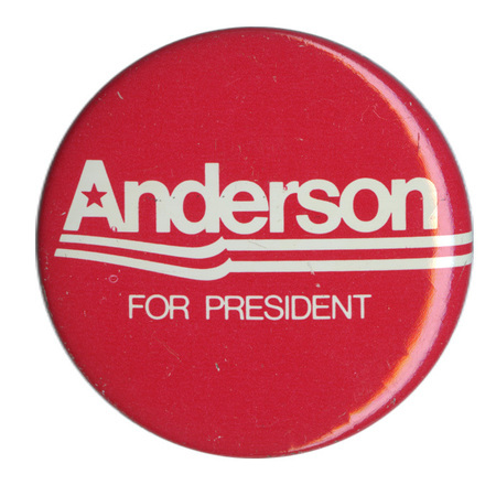 Round, red button with white text reading "ANDERSON FOR PRESIDENT"
