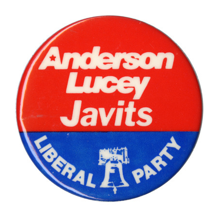 Round, red and blue button with a white drawing of the Liberty Bell. White text reads "Anderson Lucey Javits LIBERAL PARTY"