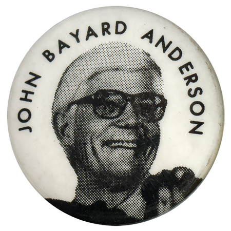 Round, white button with a black and white photograph of John Anderson. Black text reads "JOHN BAYARD ANDERSON"
