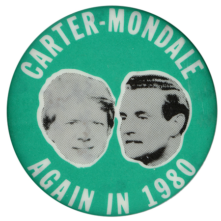 Round, green button with black and white photographs of Jimmy Carter and Walter Mondale. White text reads "CARTER-MONDALE AGAIN IN 1980"
