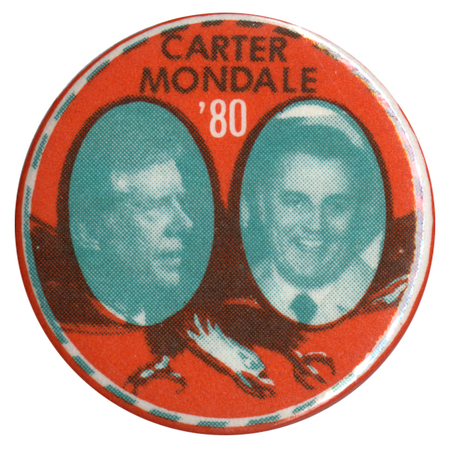 Round, red button with black and white photographs of Jimmy Carter and Walter Mondale against a black and white drawing of an eagle. Black and white text reads "CARTER MONDALE '80"