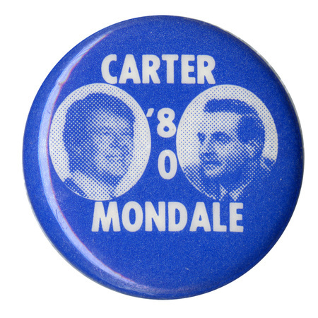Round, blue button with photographs of Jimmy Carter and Walter Mondale. White text reads "CARTER '80 MONDALE"