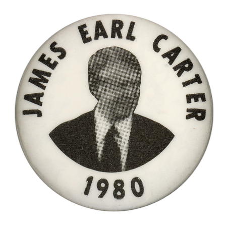 Round, white button with a black and white photograph of Jimmy Carter. Black text reads "JAMES EARL CARTER 1980"