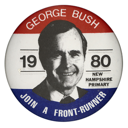 Round button with bands of red, white, and blue, and a black and white photograph of George H. W. Bush. White and black text reads "GEORGE BUSH 1980 NEW HAMPSHIRE PRIMARY JOIN A FRONT-RUNNER"