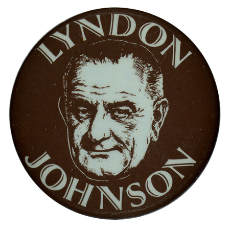 Round, black button with a portrait of Lyndon B. Johnson and white text reading "Lyndon Johnson."