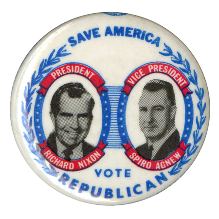 Round, white button with black and white portraits of Richard Nixon and Spiro Agnew surrounded by US flag decorations and leaves in blue and red. Text reads "Save America, Vote Republican, President Richard Nixon, Vice President Spiro Agnew."