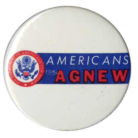 Round, white button with the Great Seal of the United States and a blue band with red and white text reading "Americans for Agnew."