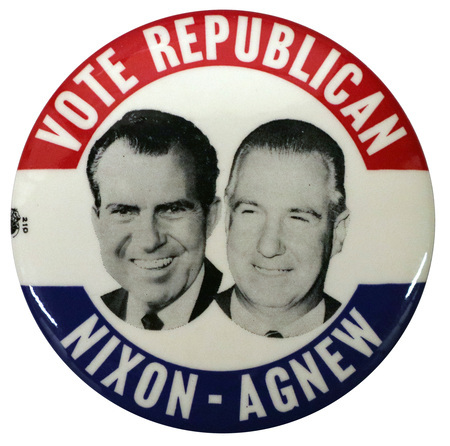 Round, white button with portraits of Richard Nixon and Spiro Agnew. White text in red and blue bands along the edge reads "Vote Republican, Nixon-Agnew."