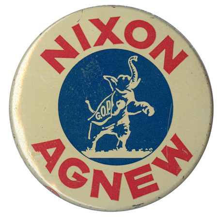 Round, yellow button with a black image of a rearing elephant wearing a garment with the text "G. O. P." Red text around the edge of the button reads "Nixon, Agnew."