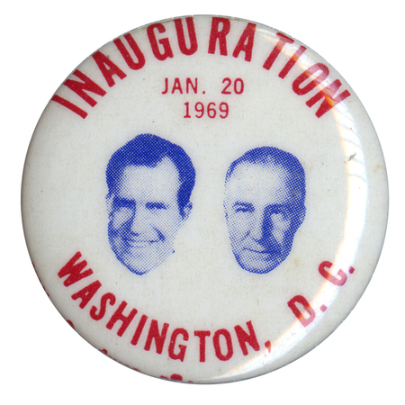 Round, white button with blue portraits of Richard Nixon and Spiro Agnew. Red text reads "Inauguration Jan 20, 1969, Washington, D. C." 