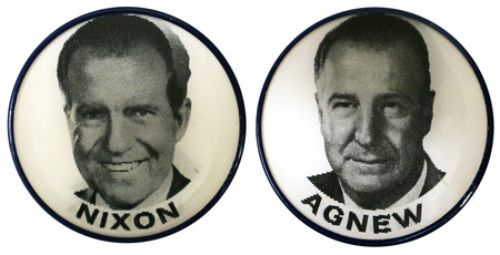 Richard Nixon and Spiro Agnew. Republican Party nominees for President and Vice President of the United States. Holographic button between text and image of Nixon's face.