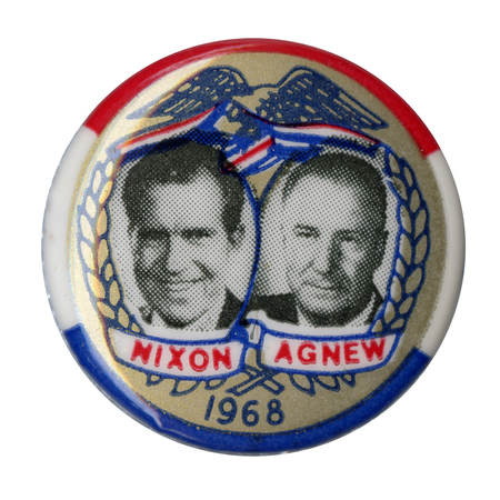 Round button with illustrations of an eagle, stalks of wheat, and a flag in red, white, blue, and gold. Black and white portraits of Richard Nixon and Spiro Agnew appear above text reading "Nixon Agnew 1968."