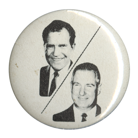 Round, white button with black portraits of Richard Nixon and Spiro Agnew separated by a diagonal black line.