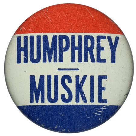 Round red, white, and blue button with blue text reading "Humphrey - Muskie."