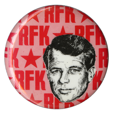 Round button with a black and white drawing of Robert F. Kennedy against a backdrop patterned with red stars and the text "RFK."