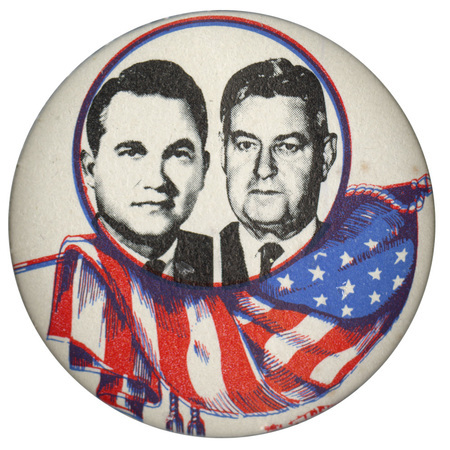 Round, white button with portraits of George Wallace and Curtis LeMay above an illustration of the US flag.