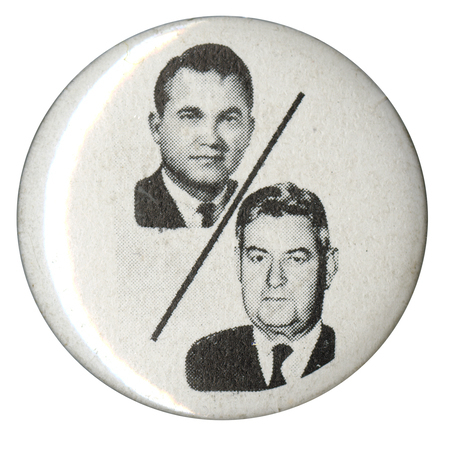 Round, white button with black and white portraits of George Wallace and Curtis LeMay, separated by a diagonal black line.