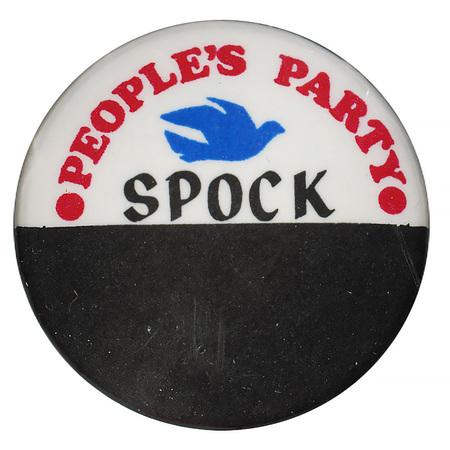 Round button, entirely black on the bottom half. On the upper half is a drawing of a blue dove and text reading "People's Party, Spock."
