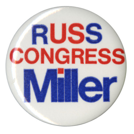 Round, white button with red and blue text reading "Russ Congress Miller."