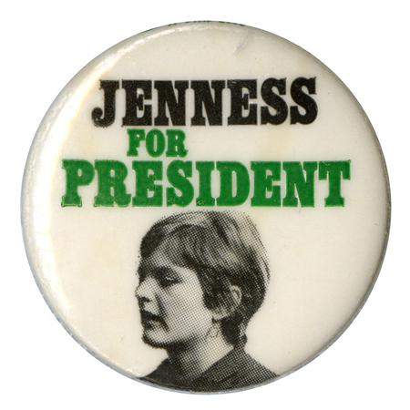 Round, white button with a black and white portrait of Linda Jenness. Black and green text reads "Jenness for President."