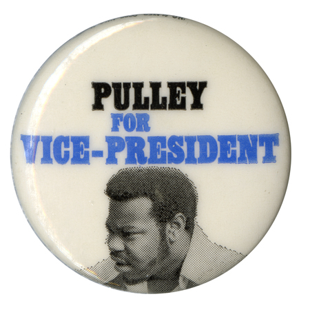 Round, white button with a black and white portrait of Andrew Pulley. Black and blue text reads "Pulley for Vice-President."