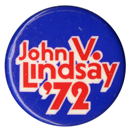 Round, blue button with red and white text reading "John V. Lindsay '72."