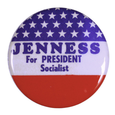 Round, red, white, and blue button with white stars in the blue section. Blue text reads "Jenness for President Socialist."